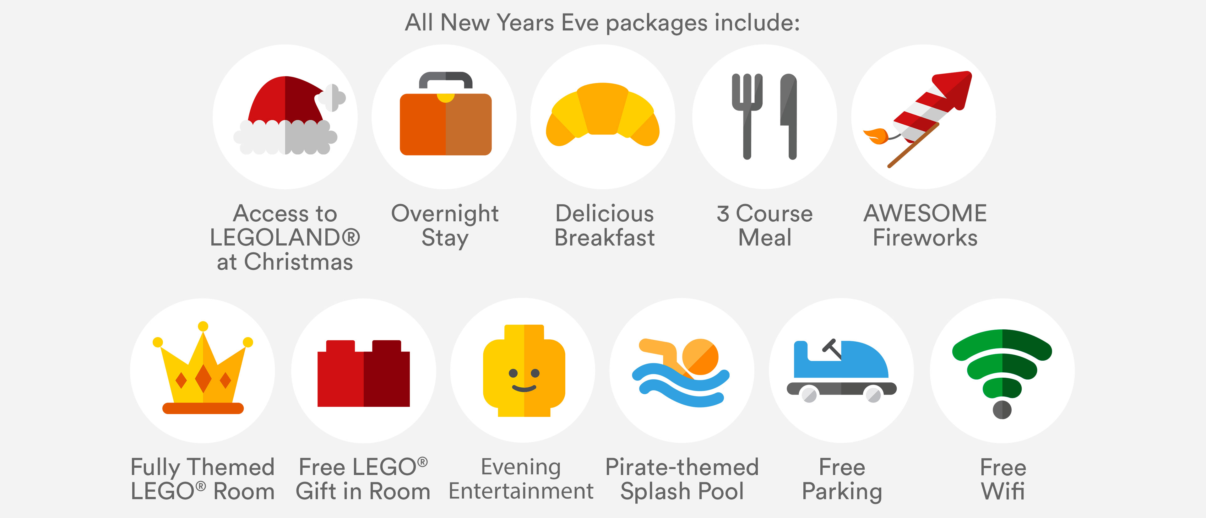 LEGOLAND Holidays packages include: 1-day theme park entry, one night stay, breakfast, 3-course meal, awesome fireworks, free LEGO gift, evening entertainment, pirate themed splash pool, free parking, free WiFi