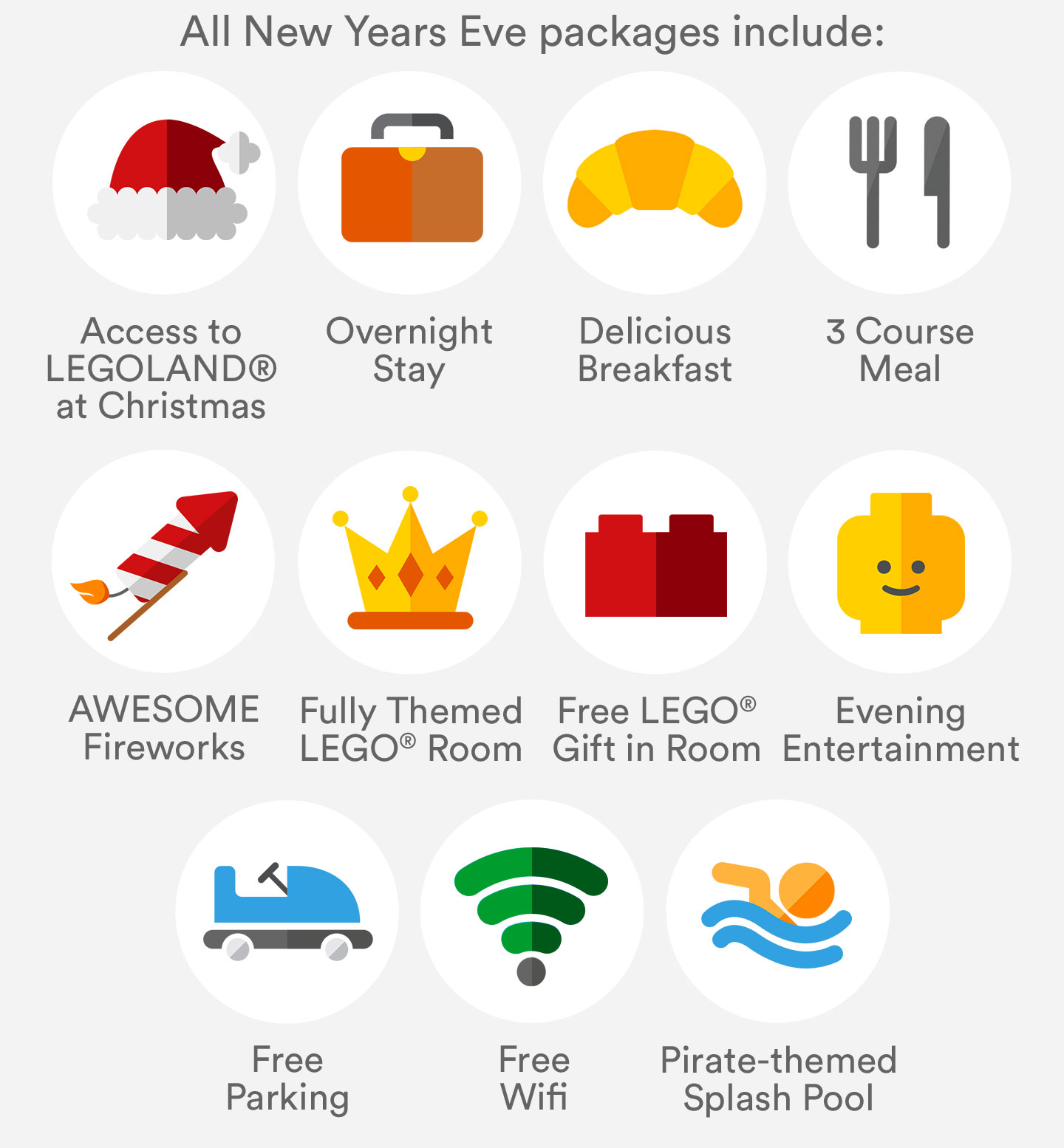 LEGOLAND Holidays packages include: 1-day theme park entry, one night stay, breakfast, 3-course meal, awesome fireworks, free LEGO gift, evening entertainment, pirate themed splash pool, free parking, free WiFi
