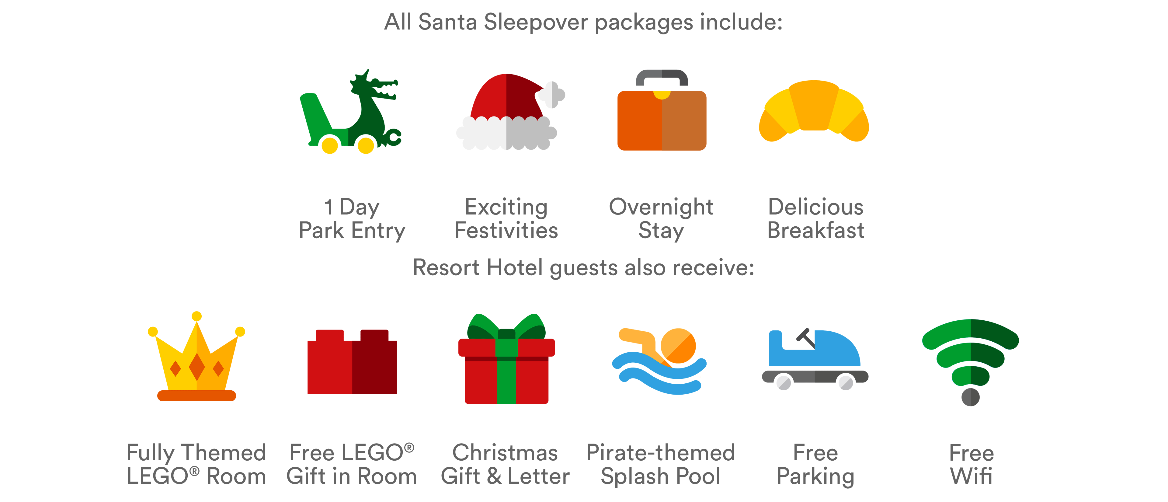 LEGOLAND Windsor Resort Santa Sleepover packages include: an overnight Resort stay, breakfast, evening entertainment, free parking, Father Christmas meet & greet and more!